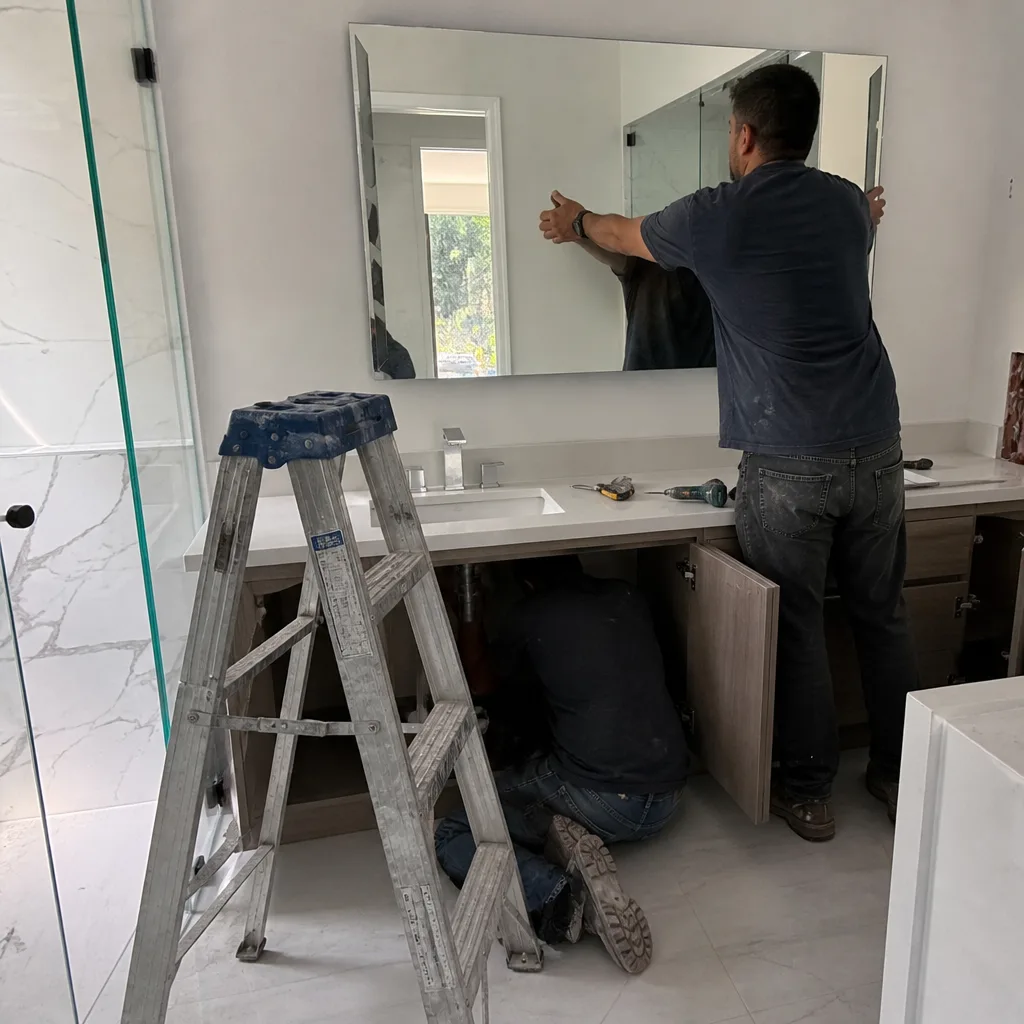 Two professional contractors installing a bathroom mirror and plumbing during renovation.