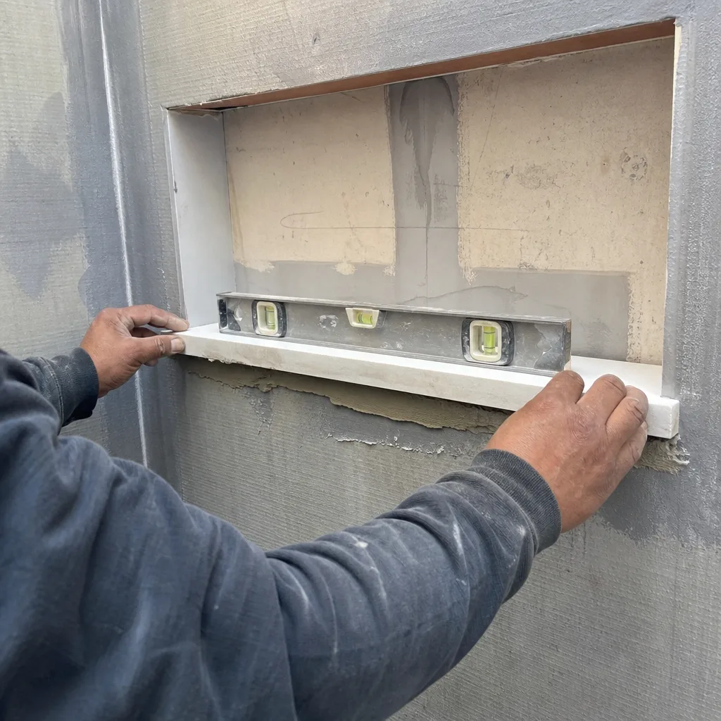 Worker leveling a shower niche shelf during a bathroom remodeling project
