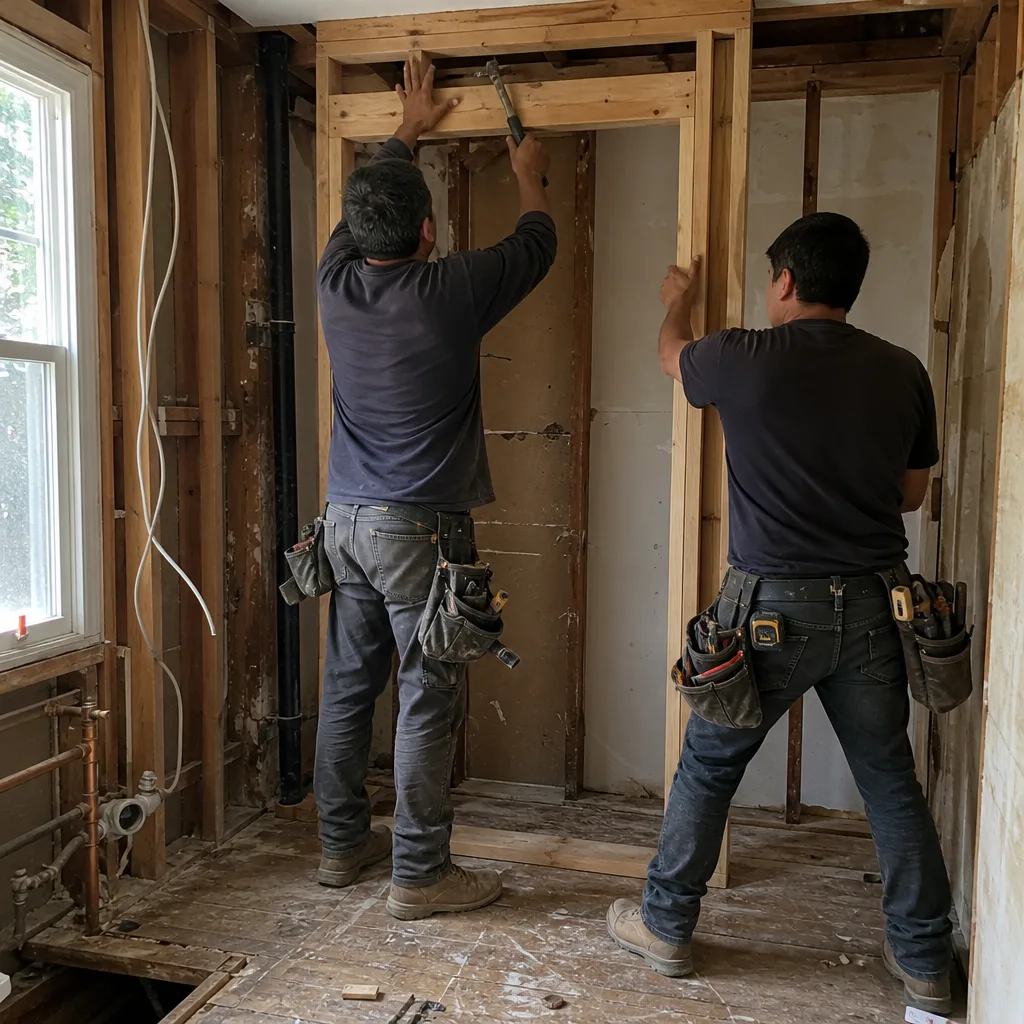 Two contractors framing a doorway during a bathroom renovation project.