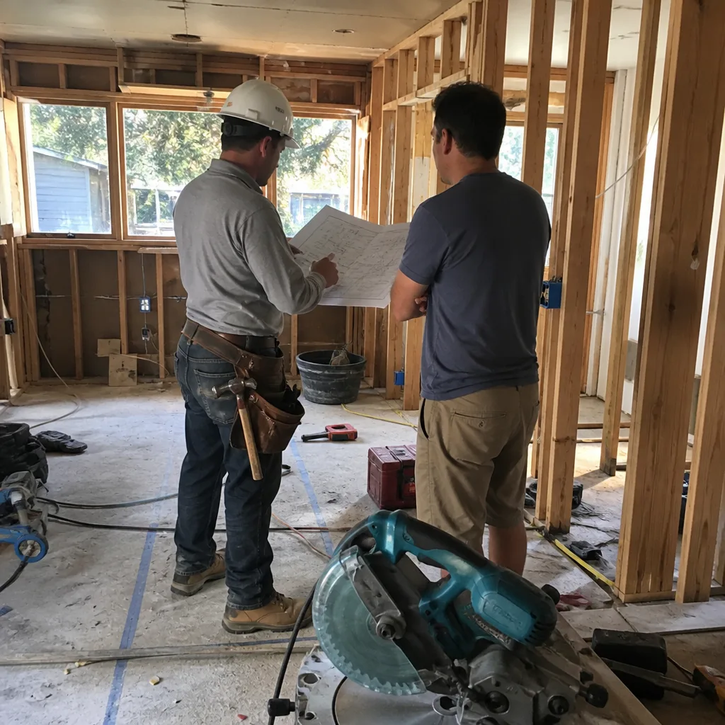 General contractor and client reviewing blueprints at a residential construction site