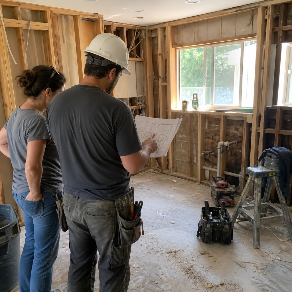 General contractor and client reviewing blueprints at a home renovation site