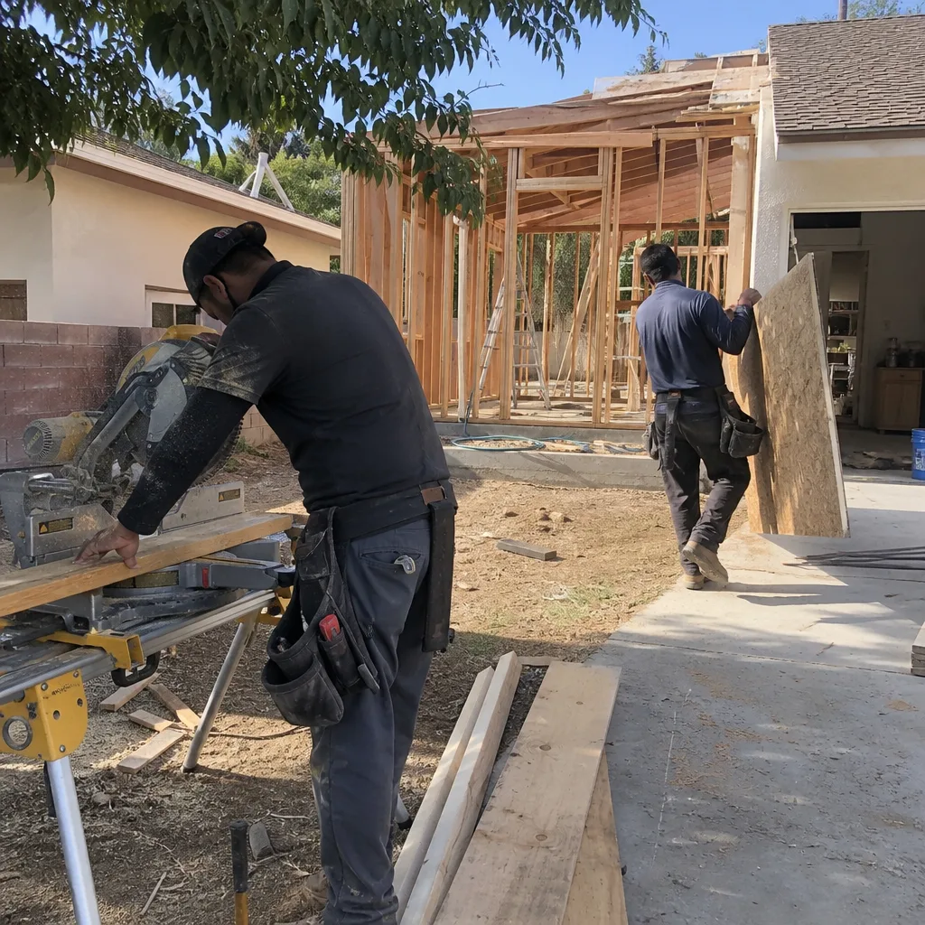Two construction workers performing residential home renovation and framing outdoors