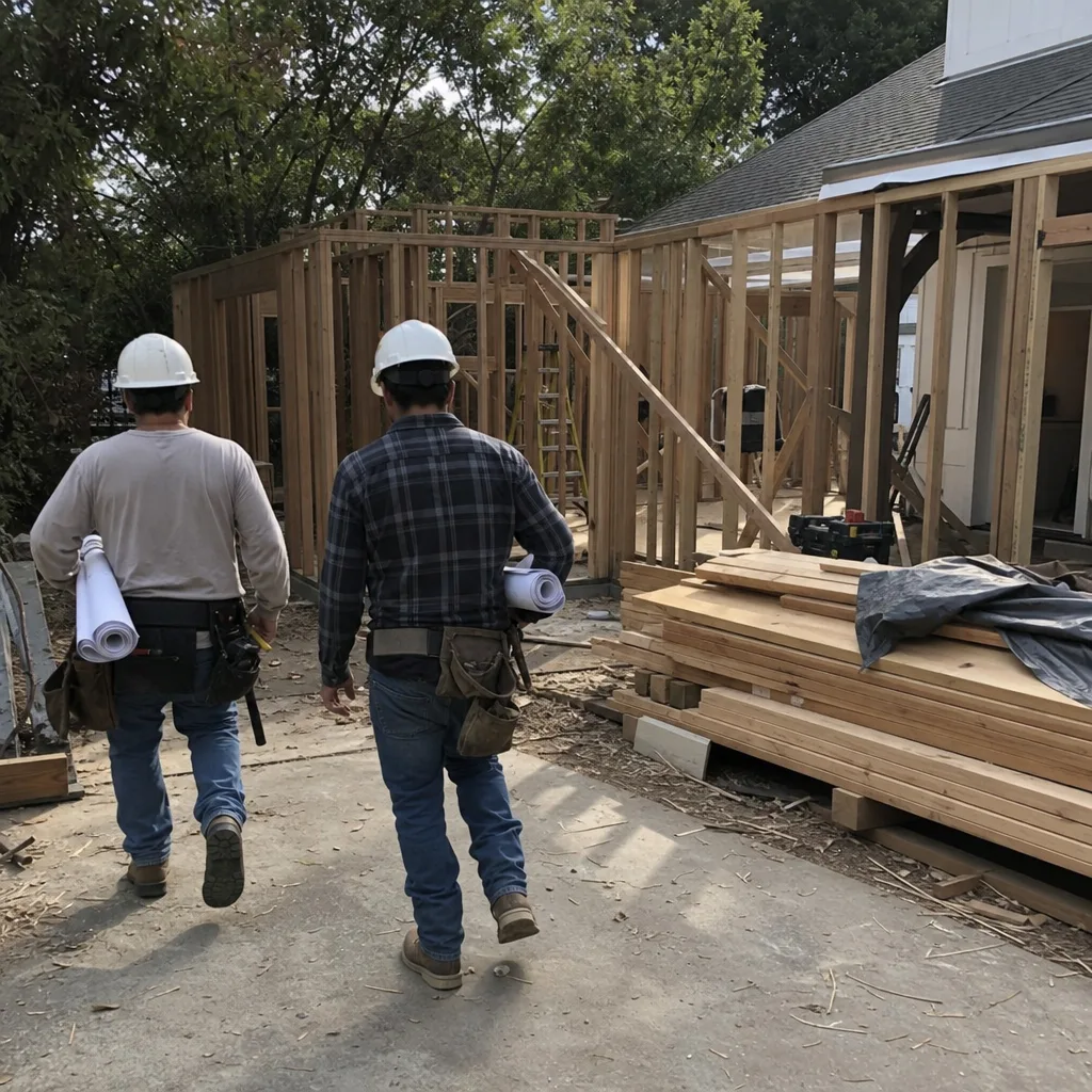 Two construction workers walking with blueprints at a home renovation project.