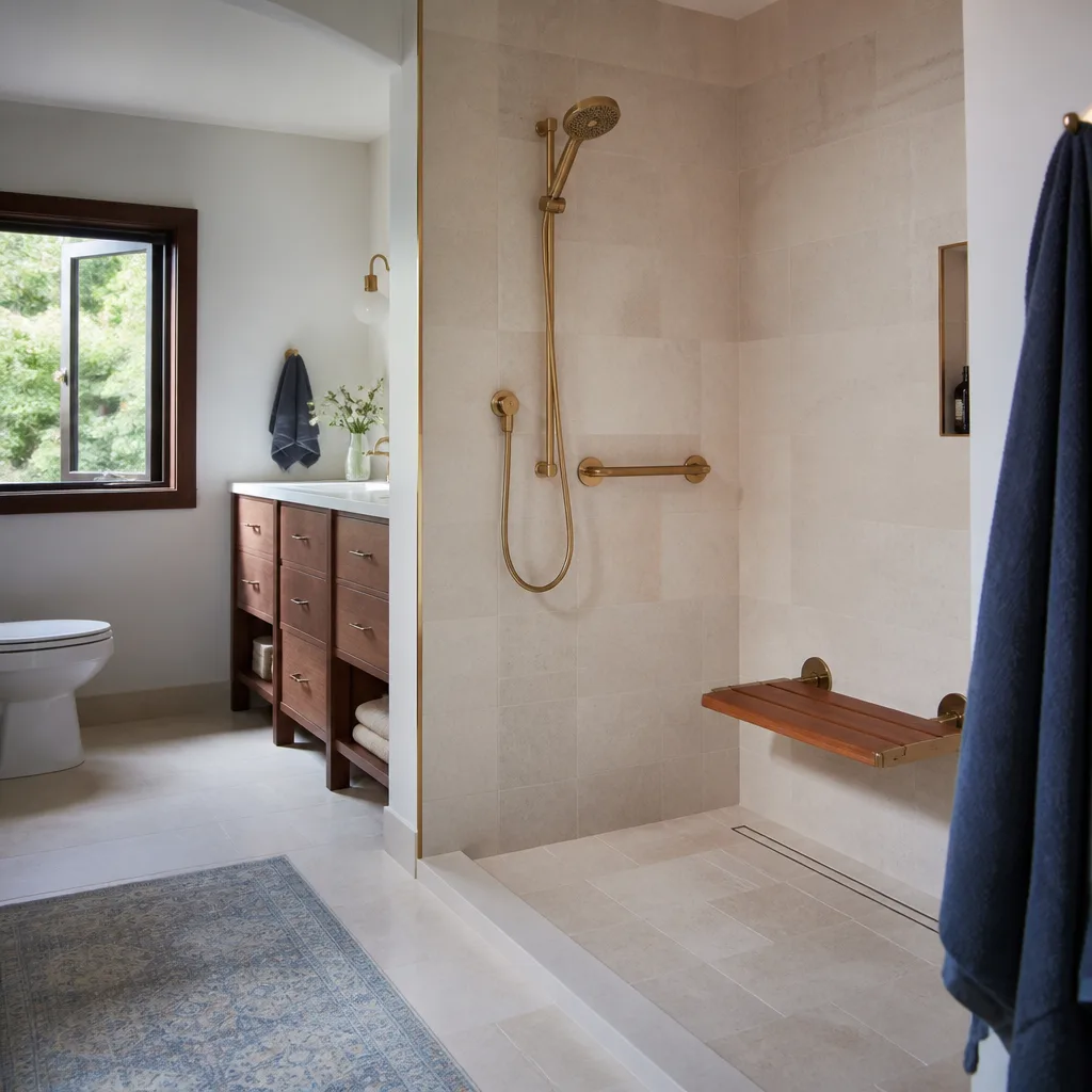 A low-threshold walk-in shower with a bench and grab bar