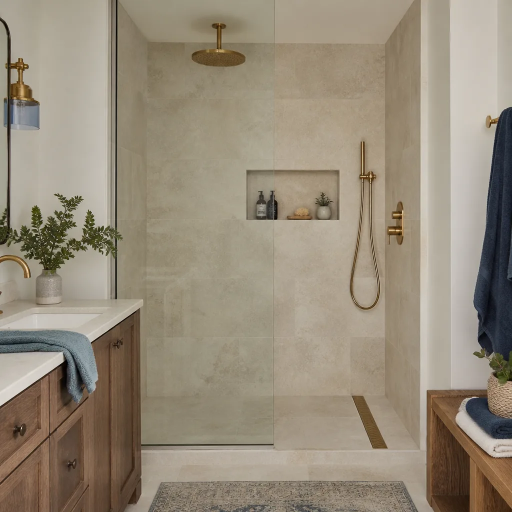 A walk-in shower with large-format tile and a built-in niche