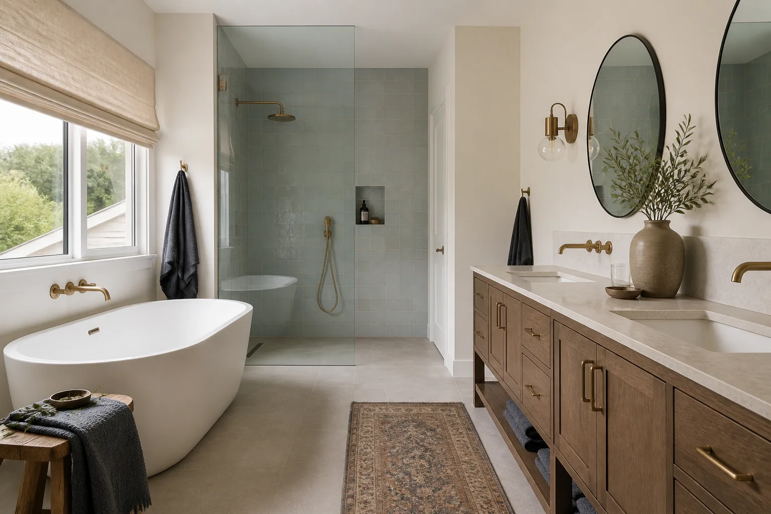 A remodeled primary bathroom with a soaking tub and walk-in shower