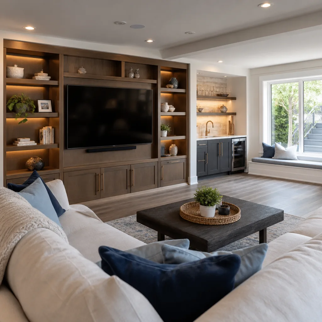 A finished basement family room with a media wall and wet bar